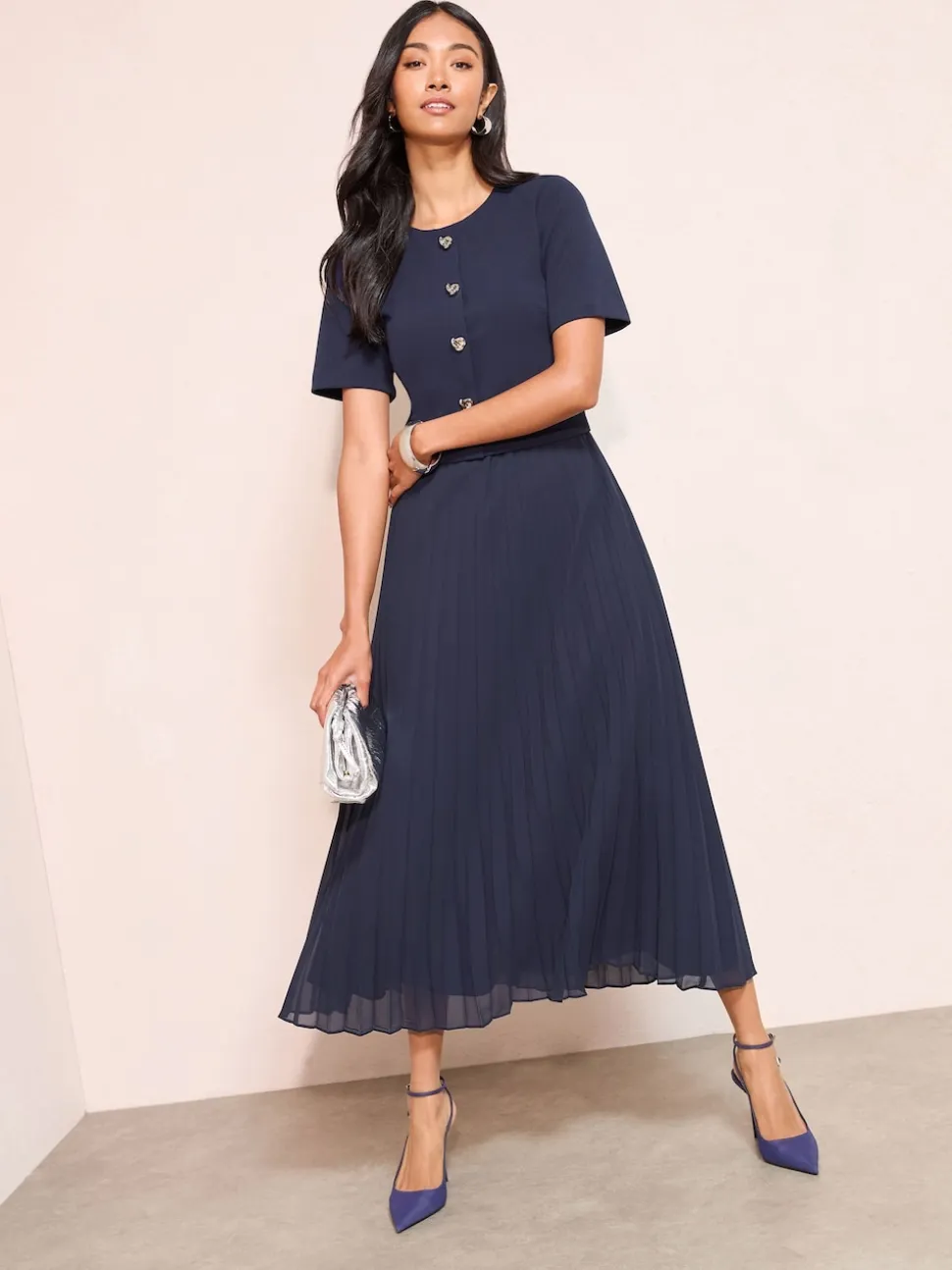 Friends Like These Navy Blue Petite Button Down 2-In-1 Pleated Dress