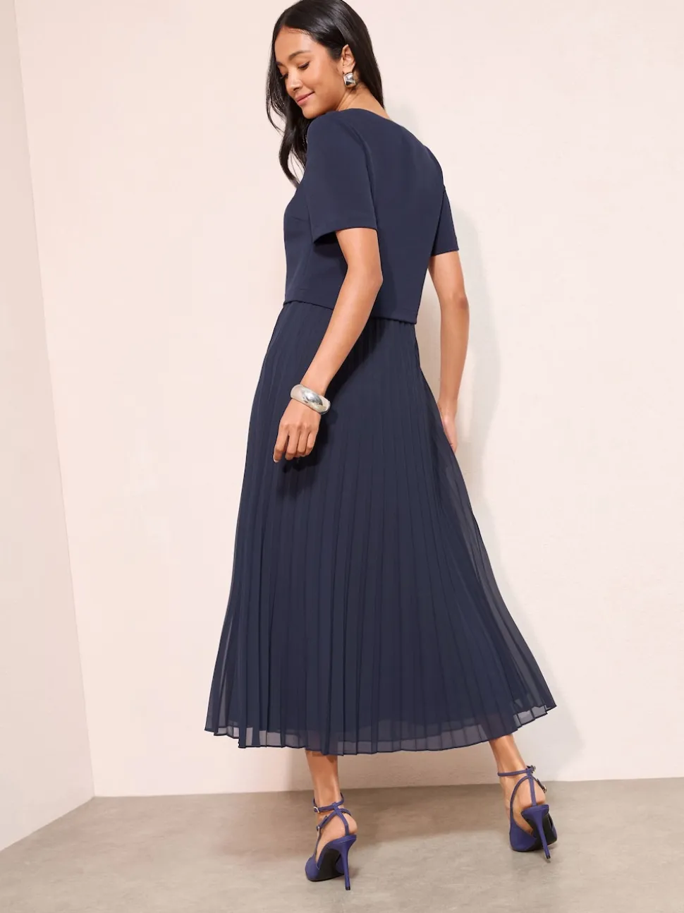Friends Like These Navy Blue Petite Button Down 2-In-1 Pleated Dress