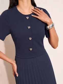 Friends Like These Navy Blue Petite Button Down 2-In-1 Pleated Dress