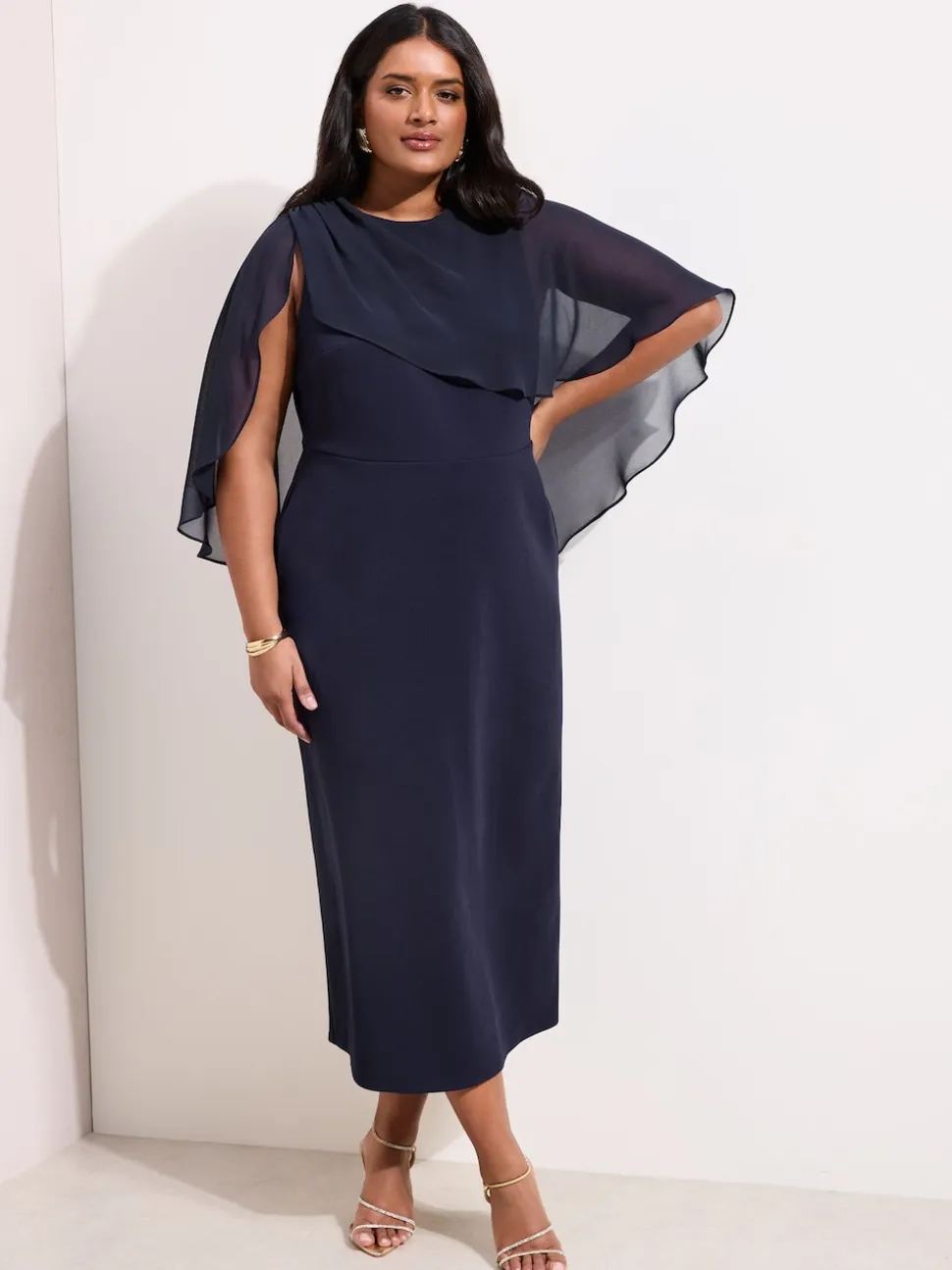Friends Like These Navy Curve Asymmetric Chiffon Cape Scuba Midi Dress