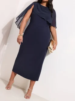 Friends Like These Navy Curve Asymmetric Chiffon Cape Scuba Midi Dress