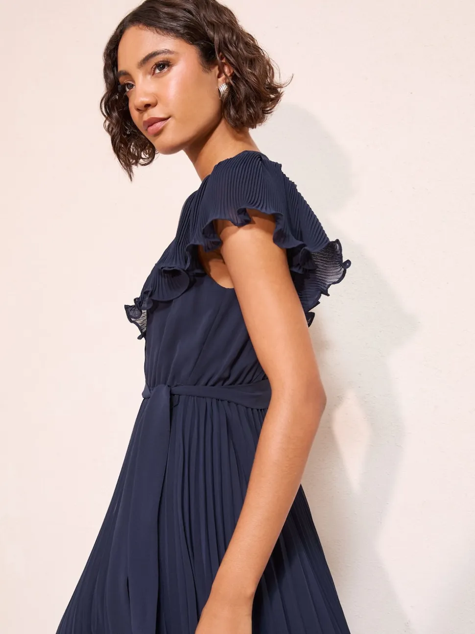 Friends Like These Navy Chiffon Pleated Lace Insert Midi Dress