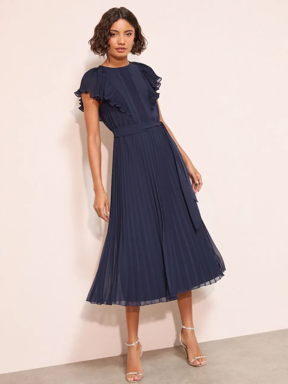 Friends Like These Navy Chiffon Pleated Lace Insert Midi Dress