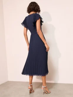 Friends Like These Navy Chiffon Pleated Lace Insert Midi Dress