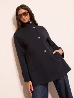 Friends Like These Navy Funnel Neck Button Front Mid Length Coat