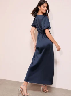 Friends Like These Navy Lace Trim V-Neck Satin Midi Dress