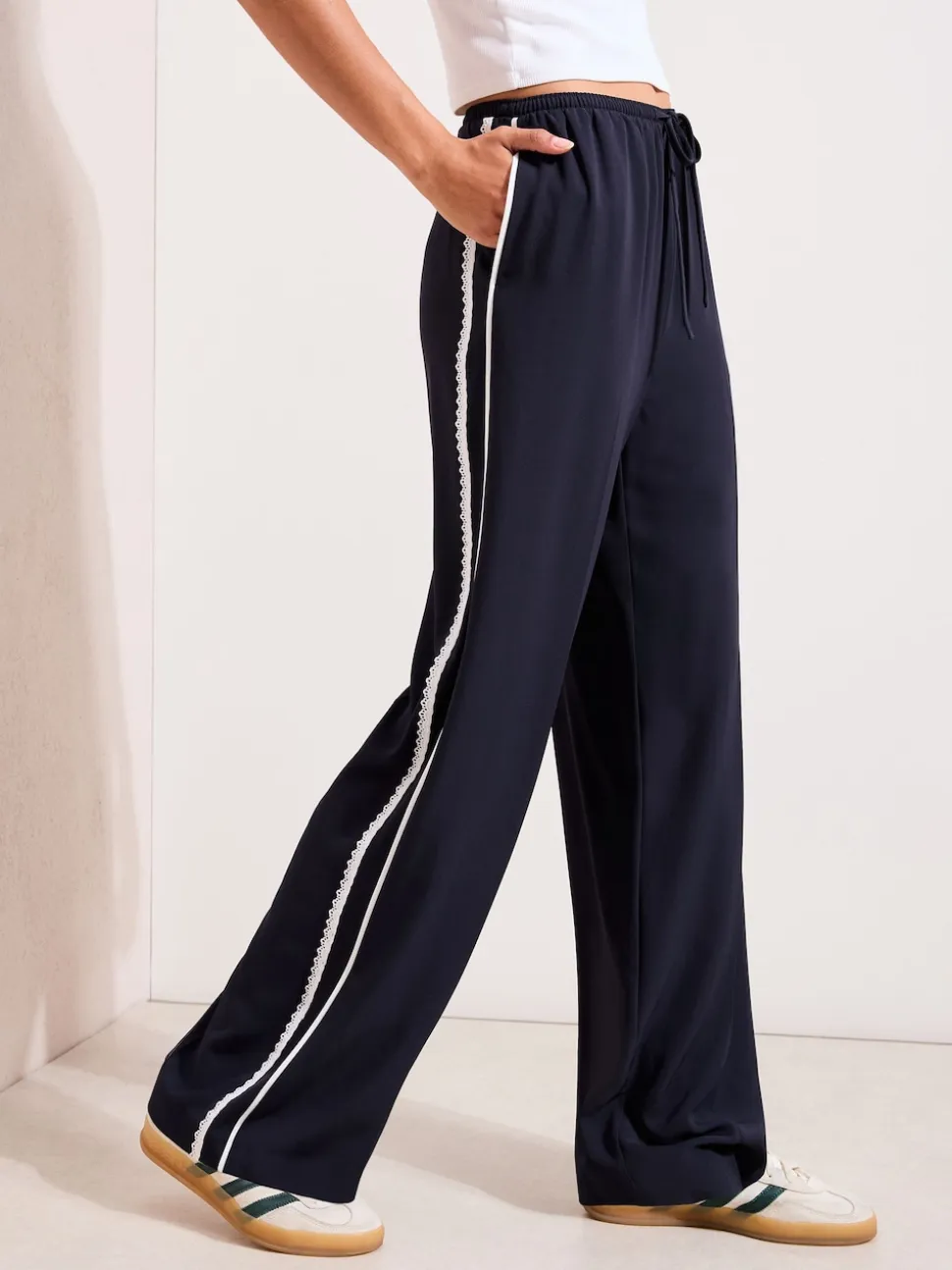 Friends Like These Navy Petite Crochet Trim Wide Leg Trousers