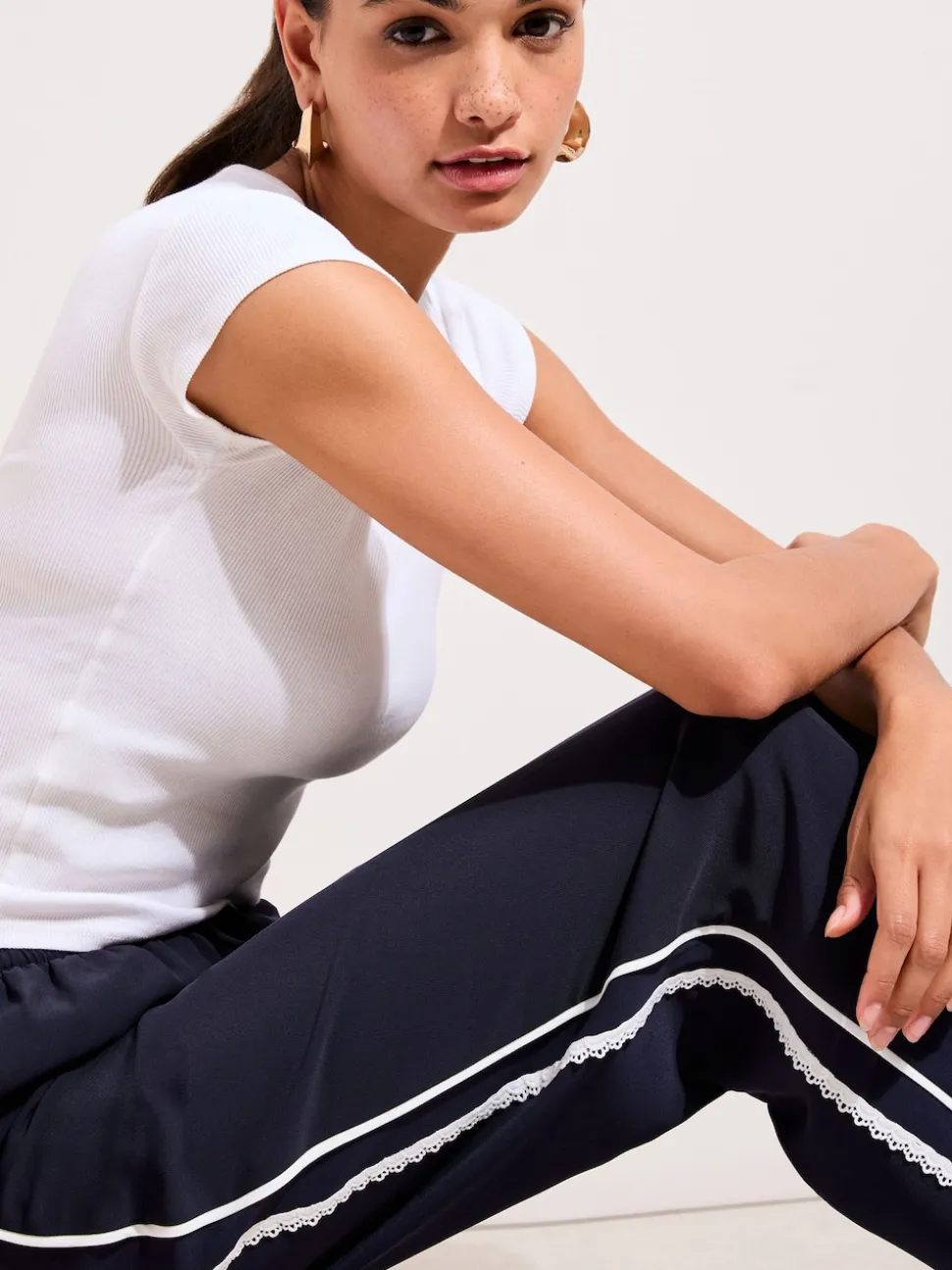 Friends Like These Navy Petite Crochet Trim Wide Leg Trousers