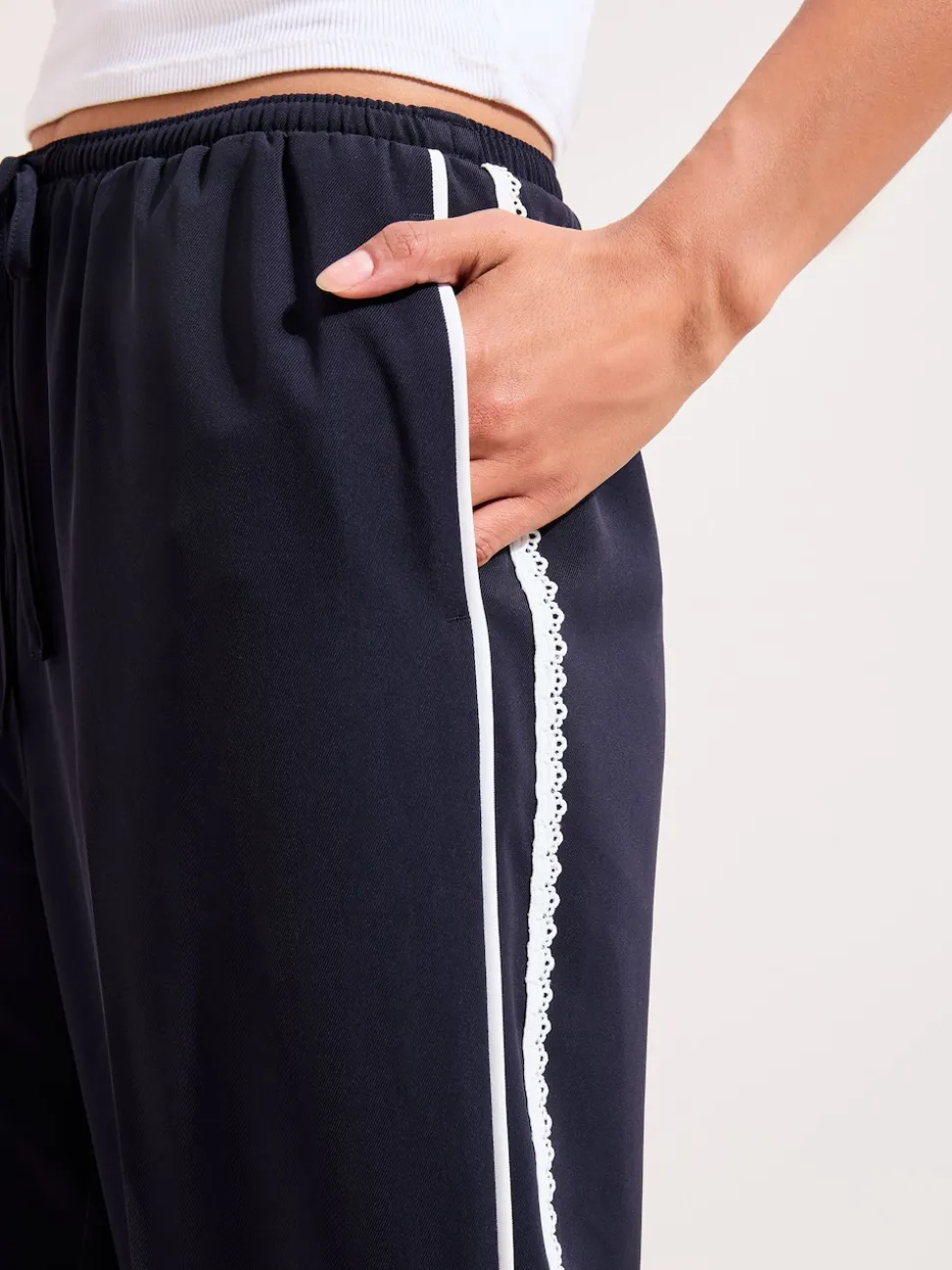Friends Like These Navy Petite Crochet Trim Wide Leg Trousers
