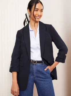 Friends Like These Navy Petite Edge to Edge Tailored Sleeve Detail Blazer