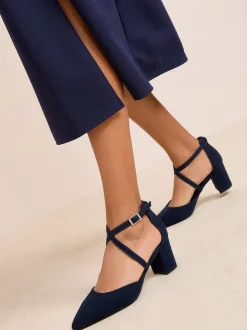 Friends Like These Navy Standard Fit Block Heel Cross Strap Court Shoes