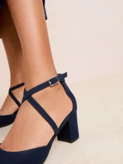 Friends Like These Navy Standard Fit Block Heel Cross Strap Court Shoes