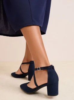 Friends Like These Navy Standard Fit Block Heel Cross Strap Court Shoes