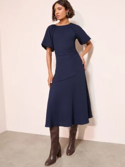 Friends Like These Navy Textured Balloon Sleeve Midi Dress