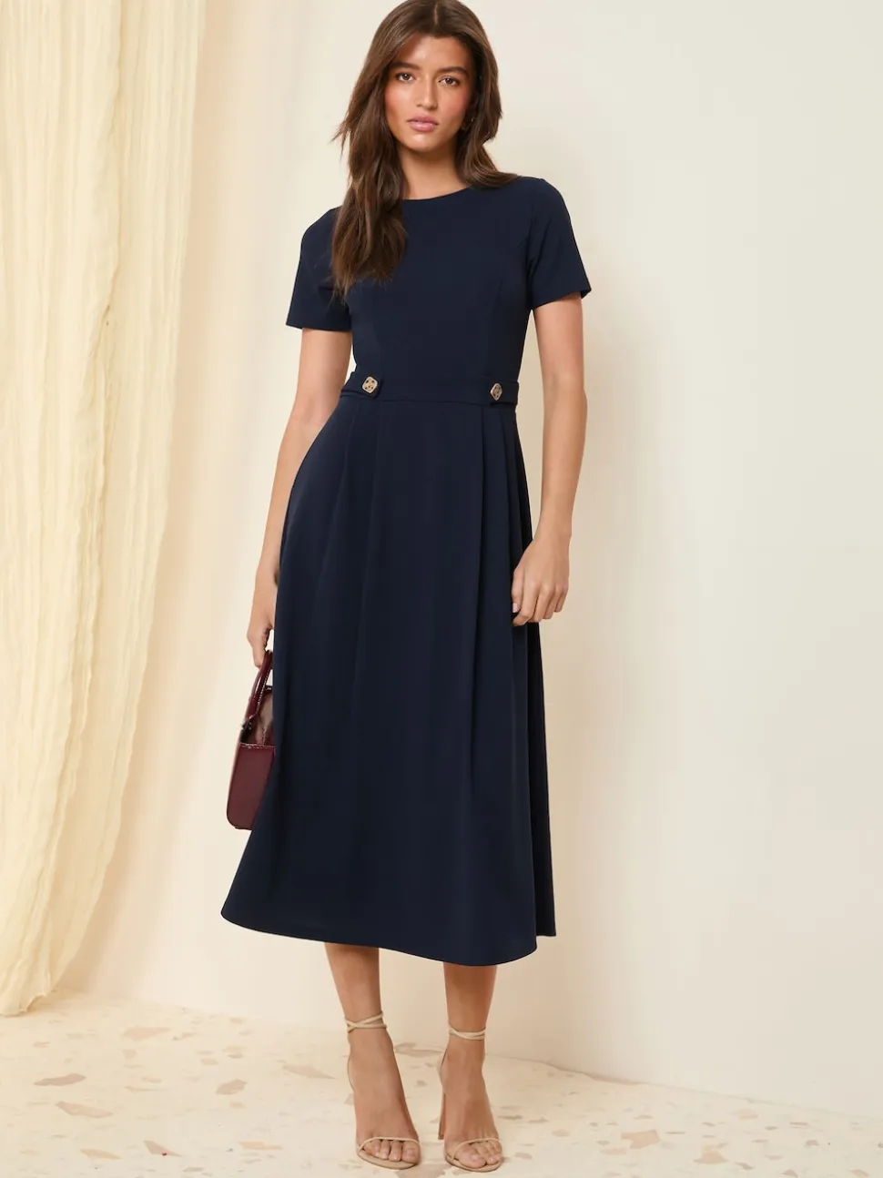 Friends Like These Navy Tab Detail Short Sleeve Midi Tailored Dress