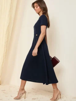 Friends Like These Navy Tab Detail Short Sleeve Midi Tailored Dress