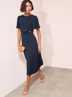 Friends Like These Navy Tulip Sleeve Wrap Front Tailored Midi Dress