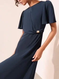 Friends Like These Navy Tulip Sleeve Wrap Front Tailored Midi Dress