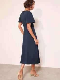 Friends Like These Navy Tulip Sleeve Wrap Front Tailored Midi Dress