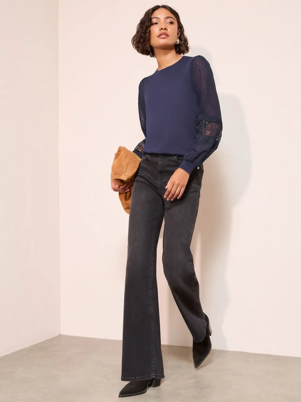 Friends Like These Navy Woven Sleeve Knitted Top