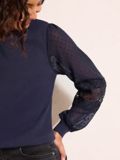 Friends Like These Navy Woven Sleeve Knitted Top