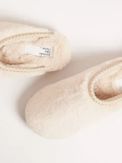 Friends Like These Neutral Supersoft Embroidered Tape Faux Fur Nightwear Mule Slippers