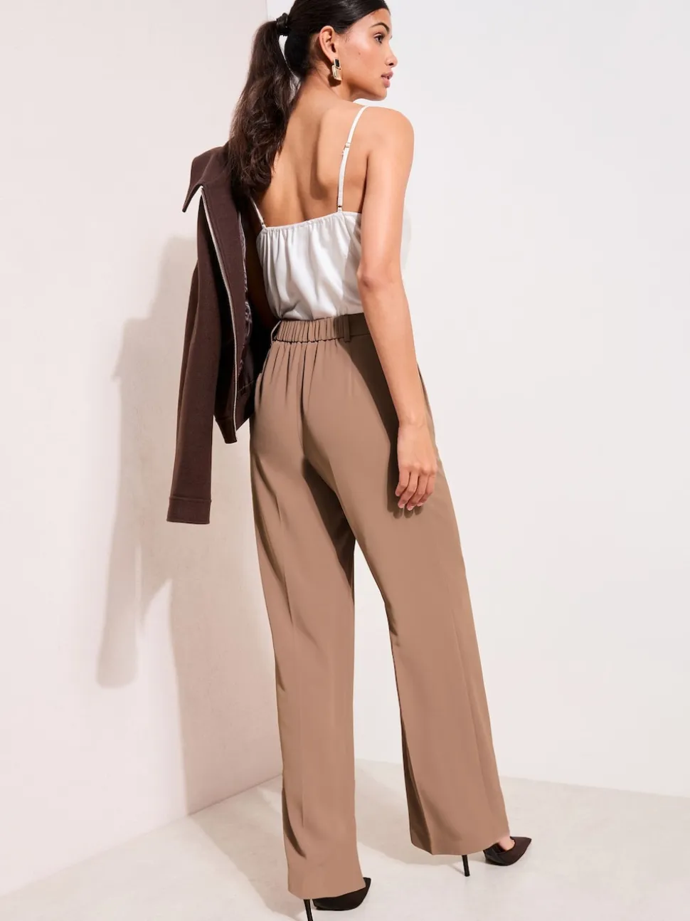 Friends Like These Neutral Latte Petite Premium Elastic Back Tailored Wide Leg Trousers
