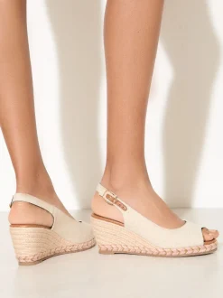 Friends Like These Nude Canvas Wide Fit Slingback Peep Toe Espadrille Wedge Sandals