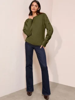 Friends Like These Olive Green Button Sleeve Detail Jumper