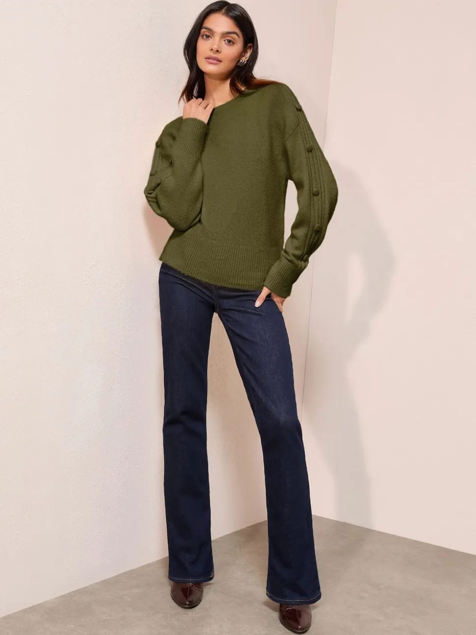 Friends Like These Olive Green Button Sleeve Detail Jumper