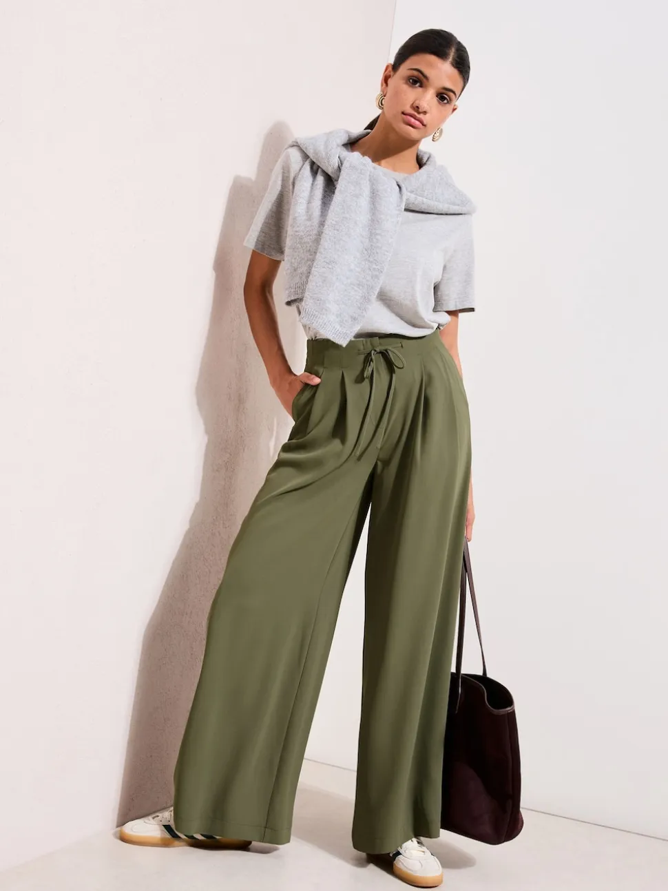 Friends Like These Olive Green Tie Waist Palazzo Trousers