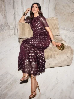 Friends Like These Red Foil Spot Short Sleeve Chiffon Tiered Maxi Dress