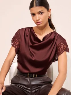 Friends Like These Red Satin Lace Detail Cowl Neck Blouse
