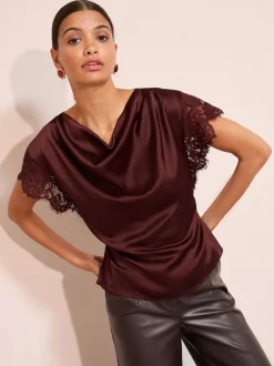 Friends Like These Red Satin Lace Detail Cowl Neck Blouse
