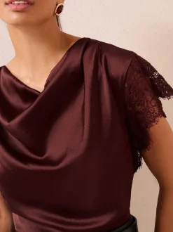 Friends Like These Red Satin Lace Detail Cowl Neck Blouse