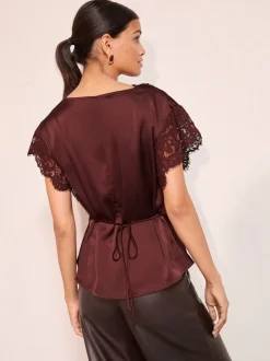 Friends Like These Red Satin Lace Detail Cowl Neck Blouse