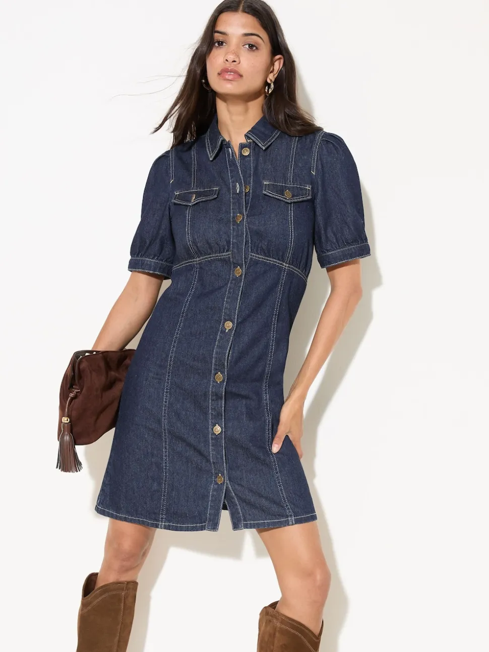 Friends Like These Rinse Wash Denim Seamed Detail Mini Dress