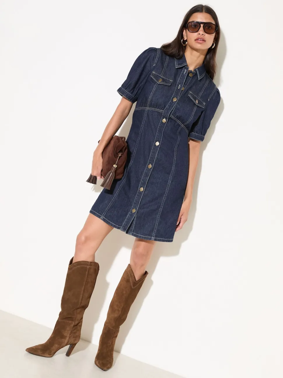 Friends Like These Rinse Wash Denim Seamed Detail Mini Dress