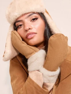 Friends Like These Tan Brown Cosy Faux Suede and Fur Mittens Gloves