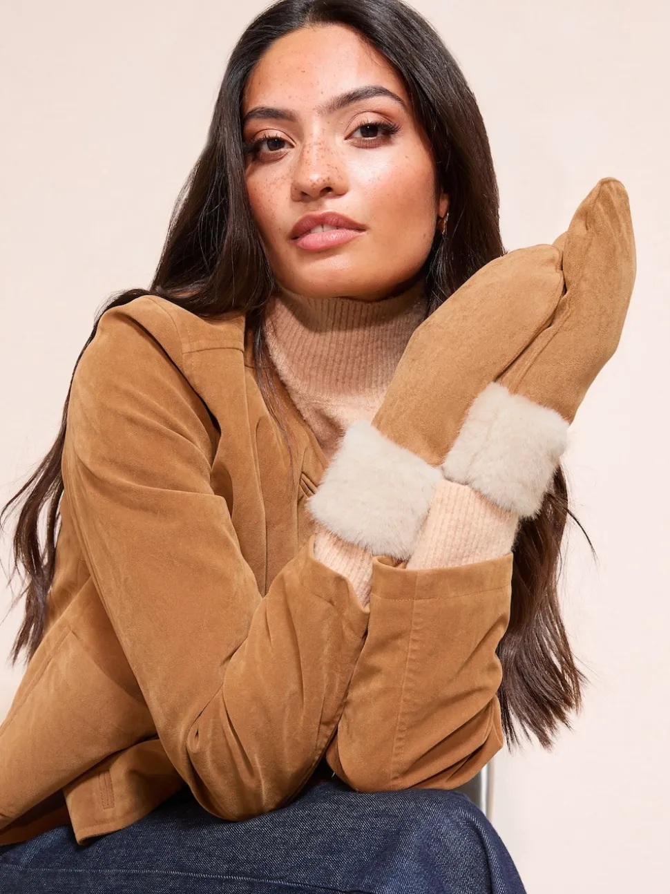 Friends Like These Tan Brown Cosy Faux Suede and Fur Mittens Gloves