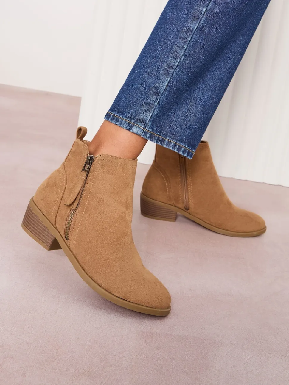 Friends Like These Tan Brown Wide Fit Mid Block Heel Side Zip Faux Suede Cuban Boots