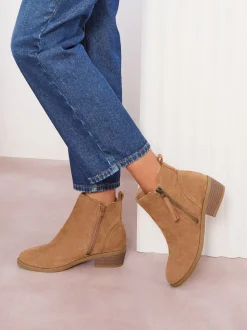 Friends Like These Tan Brown Wide Fit Mid Block Heel Side Zip Faux Suede Cuban Boots