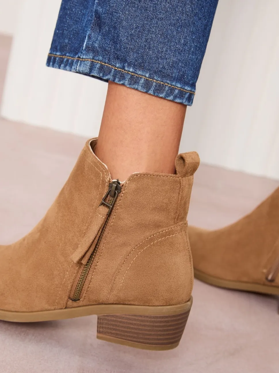 Friends Like These Tan Brown Wide Fit Mid Block Heel Side Zip Faux Suede Cuban Boots