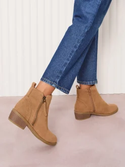 Friends Like These Tan Brown Wide Fit Mid Block Heel Side Zip Faux Suede Cuban Boots