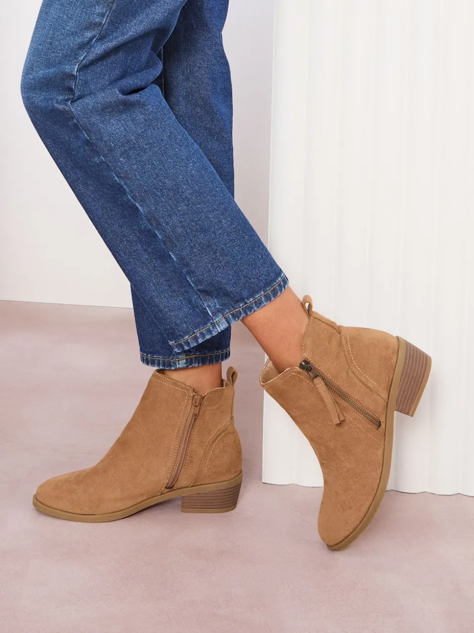 Friends Like These Tan Brown Standard fit Mid Block Heel Side Zip Faux Suede Cuban Boots