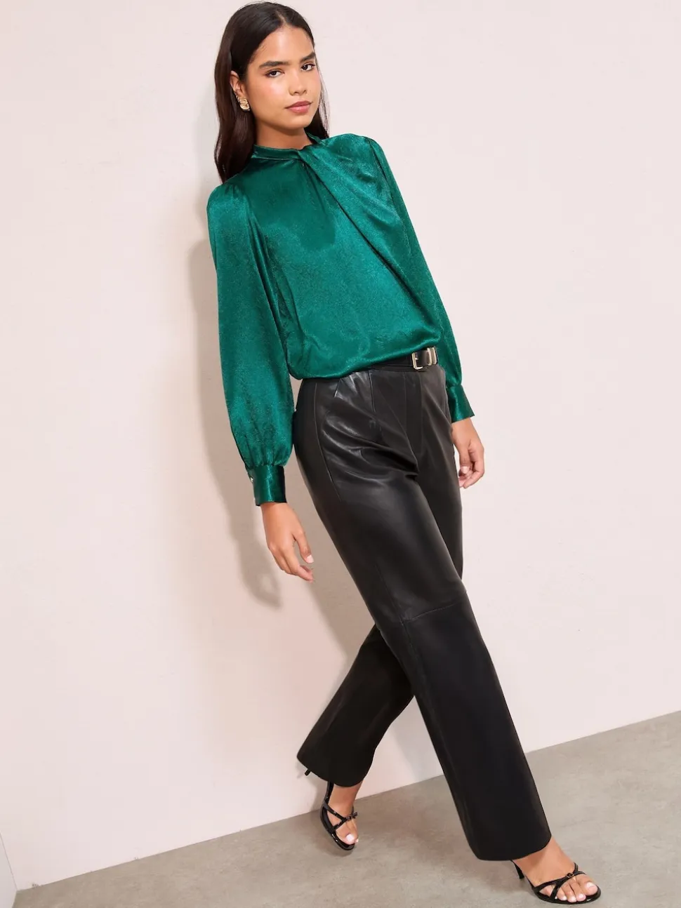 Friends Like These Teal Green Crushed Satin Twist Neck Long Sleeve Blouse