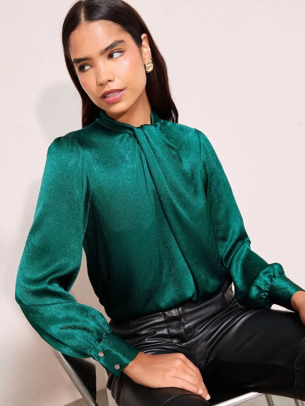 Friends Like These Teal Green Crushed Satin Twist Neck Long Sleeve Blouse