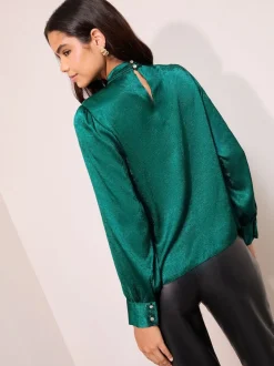 Friends Like These Teal Green Crushed Satin Twist Neck Long Sleeve Blouse