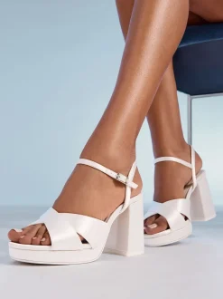 Friends Like These White Satin Mid Block Heel Cross Strap Platform Bridal Sandals