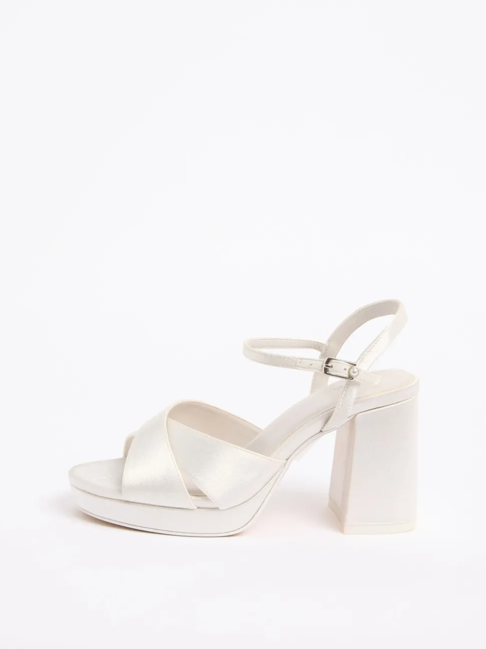Friends Like These White Satin Mid Block Heel Cross Strap Platform Bridal Sandals